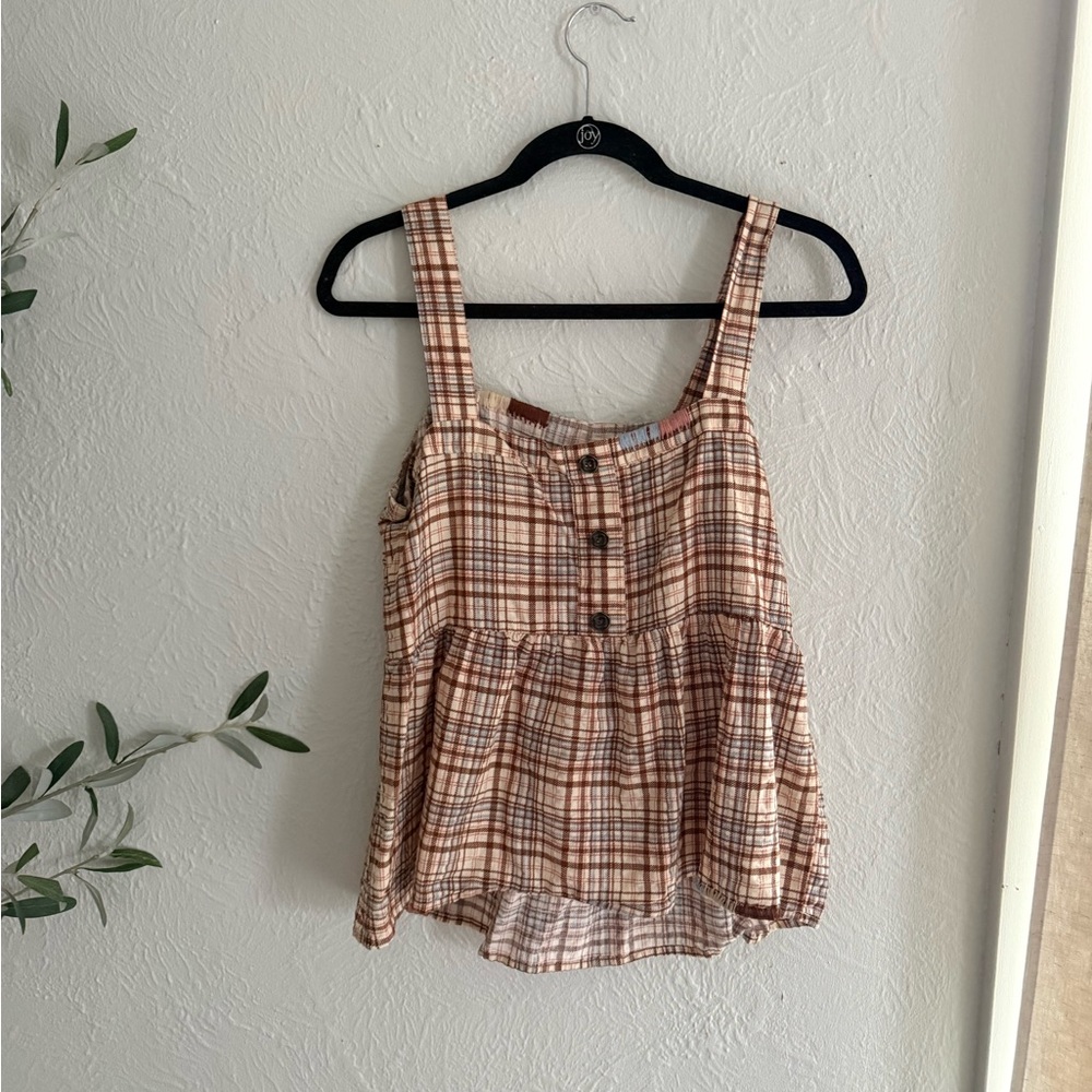 Plaid Button-Front Peplum Tank Top - Cream & Brown